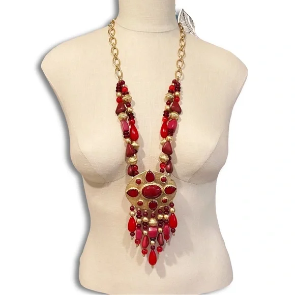 CHICO’s 35th Anniversary Merlot Red & Gold Statement Necklace | NWT | MSRP $119 - Picture 2 of 10